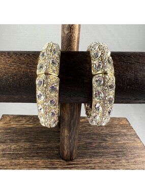 Gold-Tone Crystal Rhinestone Hinged Bangles With Oval & Round Stones